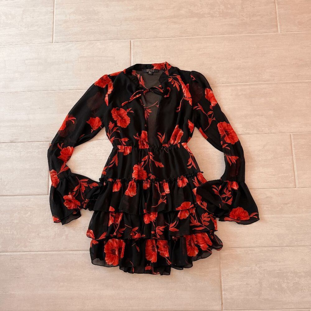 Forever 21 Red and Black Floral Ruffle Mini Dress Long Sleeve Deep V Neck Small